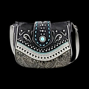 Tooled Concho Messenger Bag-Blk