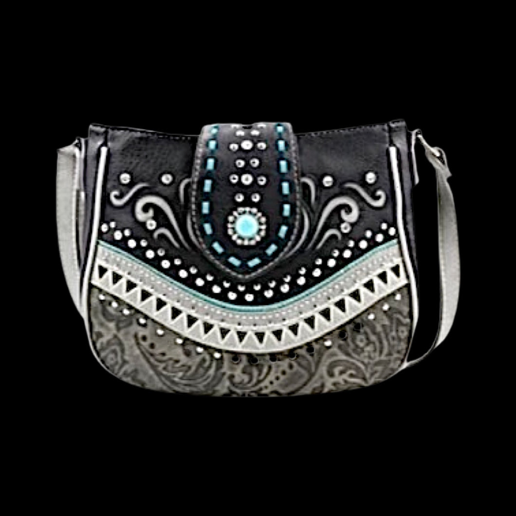 Tooled Concho Messenger Bag-Blk