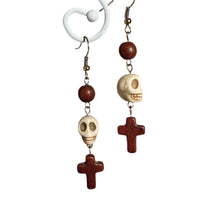 Load image into Gallery viewer, Ivory Skull with Brown Cross Earrings
