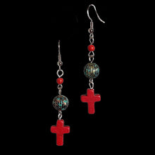 Load image into Gallery viewer, Red Cross with Turquoise Speckle Earrings
