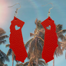 Load image into Gallery viewer, Double sided red faux leather dangle earrings with heart cut out at state capital
