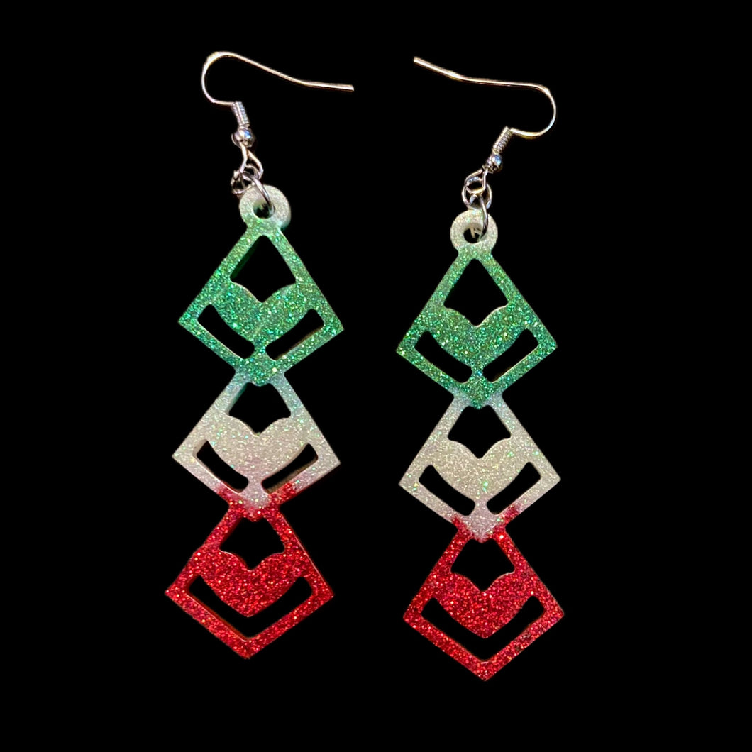 DiamondHeart Stack Resin Earrings-VivaGrnWhtRd