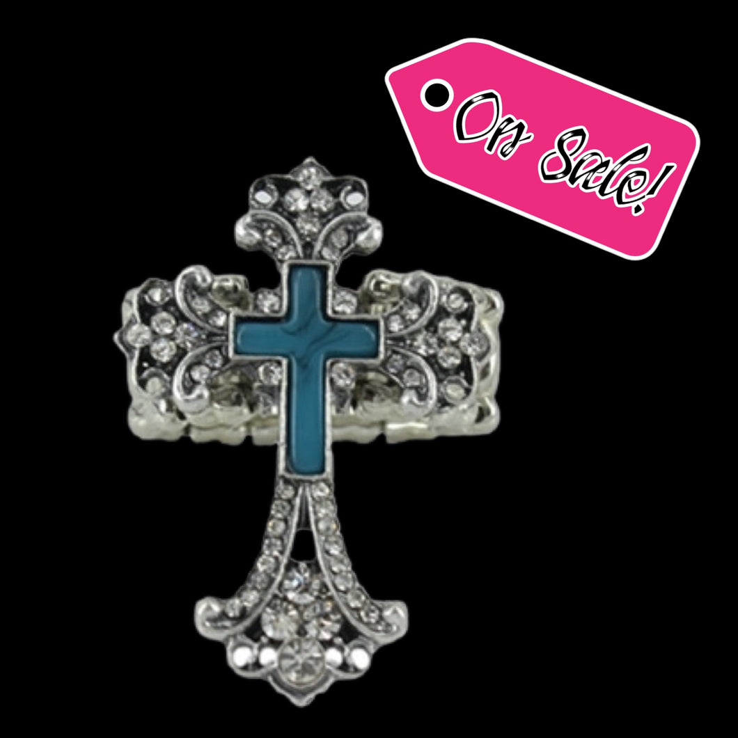 Bling and Turquoise Cross Ring