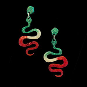 Hanging Snake Earrings-GrnWhtRd