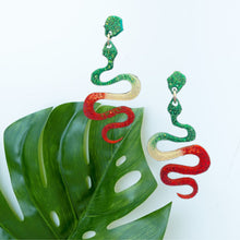 Load image into Gallery viewer, Hanging Snake Earrings-GrnWhtRd
