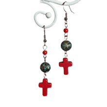 Load image into Gallery viewer, Red Cross with Turquoise Speckle Earrings
