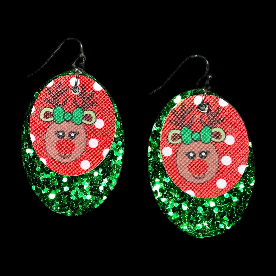 FL Reindeer Oval Earrings-RedGrn