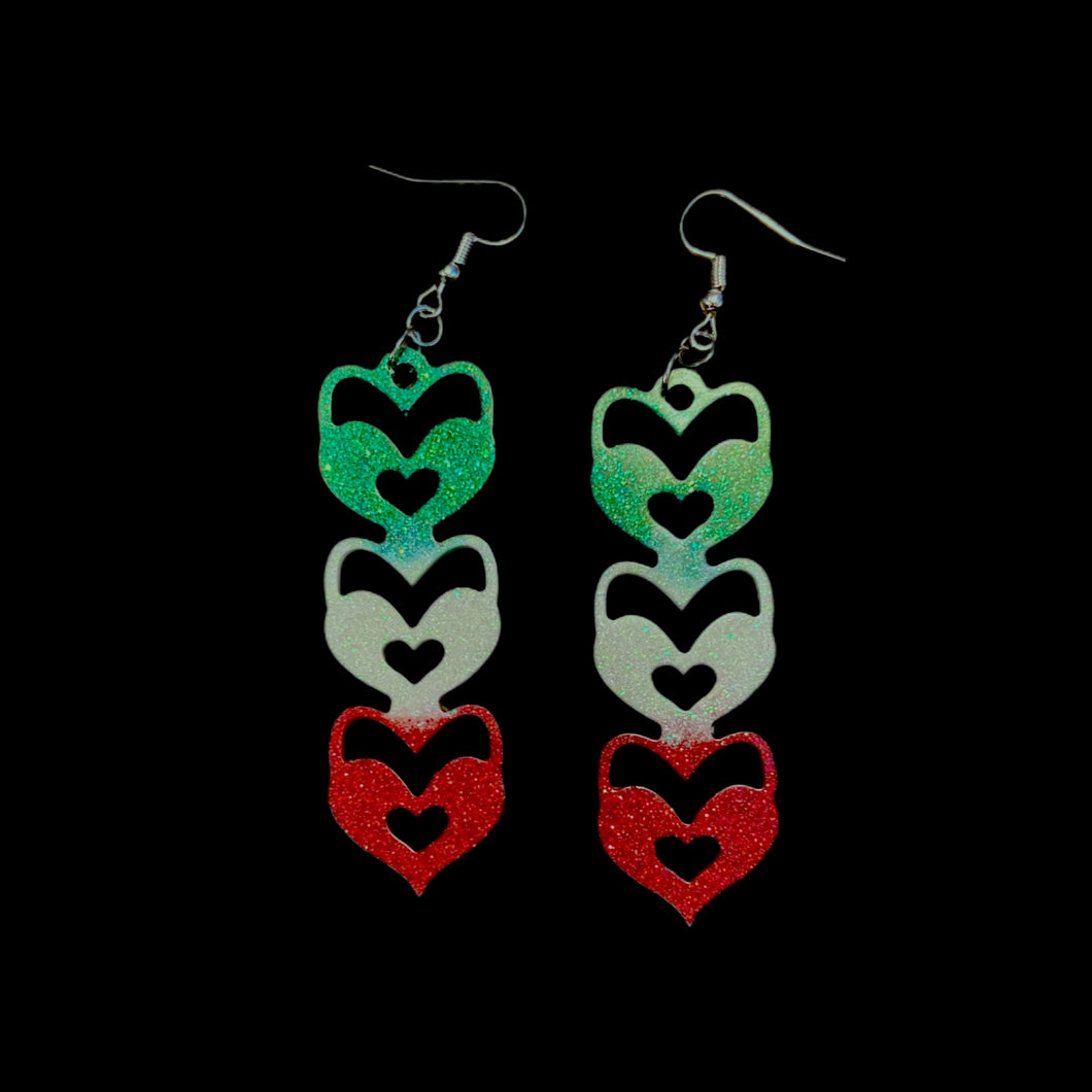 Heart Stack Resin Earrings-VivaGrnWhtRd