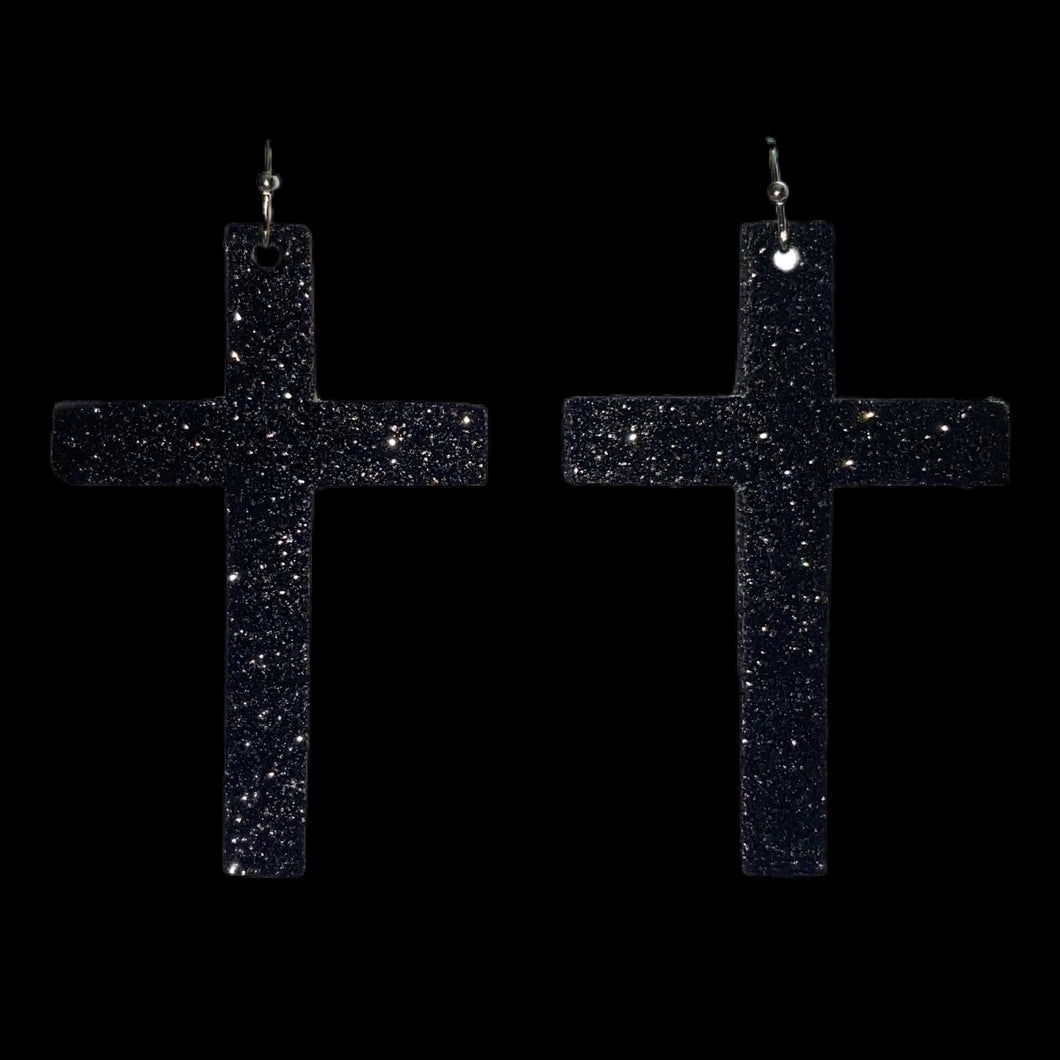 FL Cross Earrings-Black Glitter