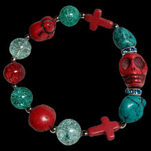 Load image into Gallery viewer, Red and Teal Skull and Crosses Bracelet
