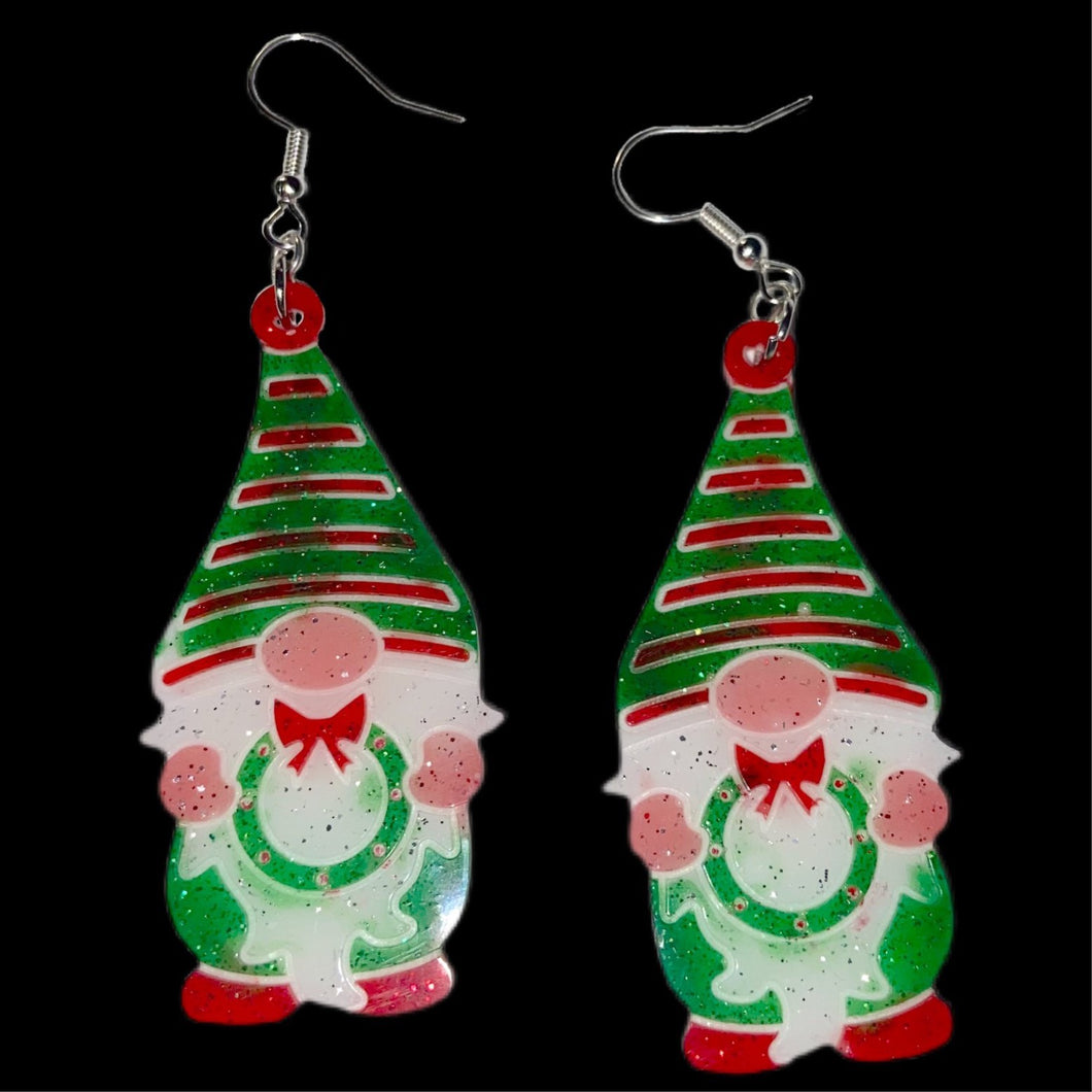 Gnome w/Wreath Earrings-RedGrnWrth