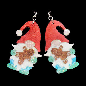 Gnome w/Gingerbread Man Earrings-RedHat