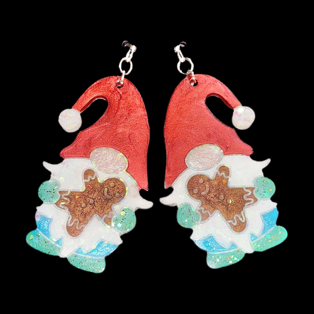 Gnome w/Gingerbread Man Earrings-RedHat